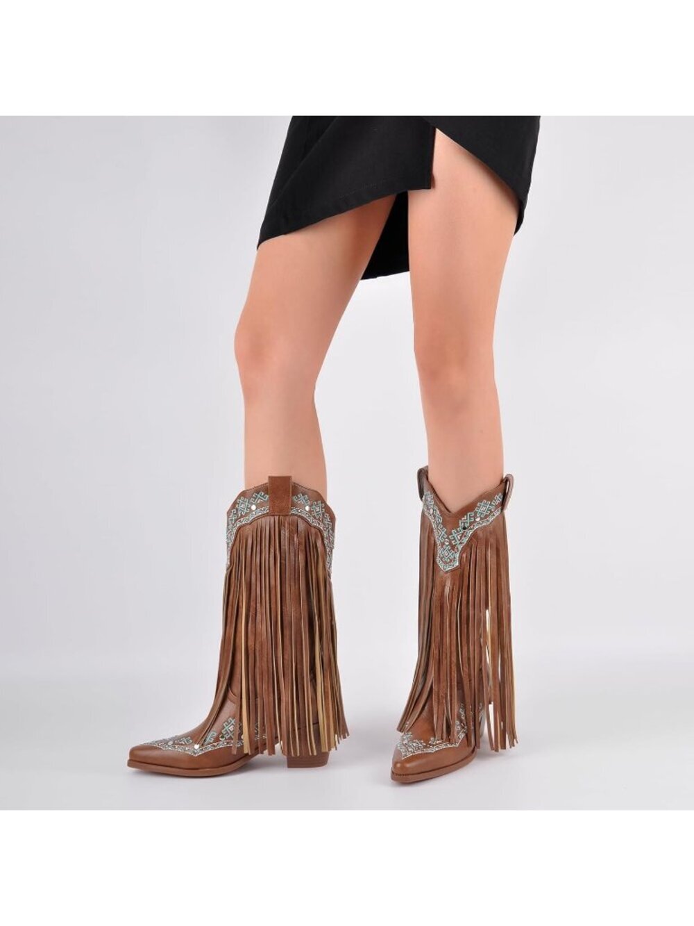 Women's Brown Fringe Mid Calf Boots with Rivets Embroidered - Picture 3 of 6